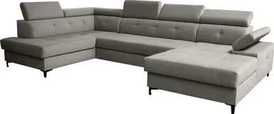 Produktbild von Elegantes großes Ecksofa Capi Ottomane links - Hellgrau (Manila 16) Ecksofa in verschiedenen Ausführungen Ottomane links oder rechts, Sofa mit Schlaffunktion und großen Bettzeugbehältern, moderner Stil, elegante Steppung, verstellbare Kopfstützen, schwarze Beine, Wohnzimmerset, Ecksofa, Sofa, Bettsofa, Wohnzimmer, Lounge,