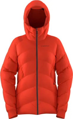 Rote Daunenjacke für Damen von La Sportiva; Modell Supercouloir 1000; mit Kapuze und Reißverschluss.