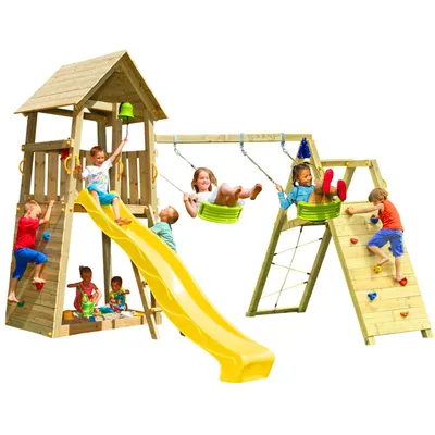 Produktbild von Spielturmking Spielturm BELVEDERE mit Rutsche + Kletterwand + Doppelschaukel - Gelb DH819