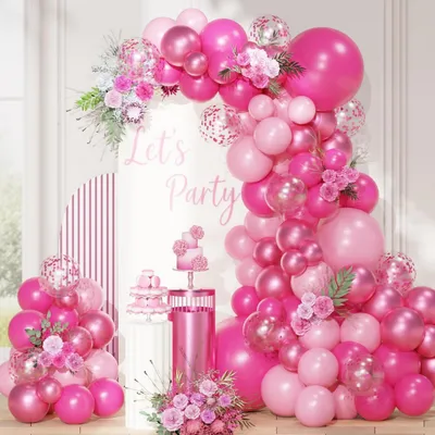 Productafbeelding van Ballonnen in roze, 113 stuks, met confetti, voor verjaardagen, bruiloften en gender reveal feestjes