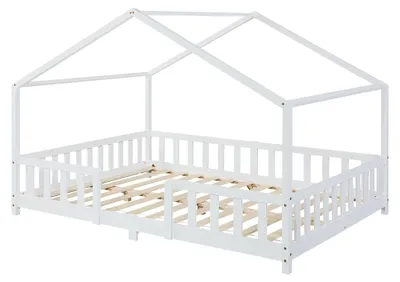 Produktbild von Kinderbett ’Treviolo‘ in Haus-Optik mit Rausfallschutz Kiefernholz 140 x 200 cm Weiß