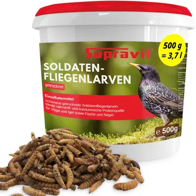 Produktbild von Supravit Soldatenfliegenlarven getrocknet 500g | Insektenfutter für Wildvögel, Igel, Fische, Reptilien & Eichhörnchen | Ohne Zusatzstoffe
