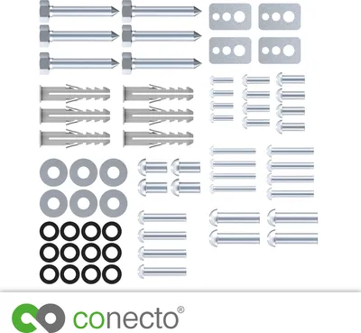 A collection of various screws, bolts, washers, and wall anchors, neatly arranged on a white background.
