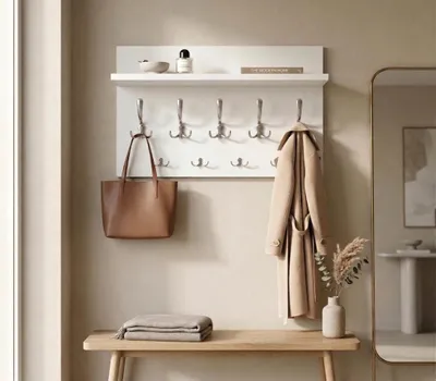 Produktbild von Wandgarderobe Weiß mit Ablage 69 cm 9 Haken Garderobe Wand Flur Kleiderhaken Garderobenleiste modern