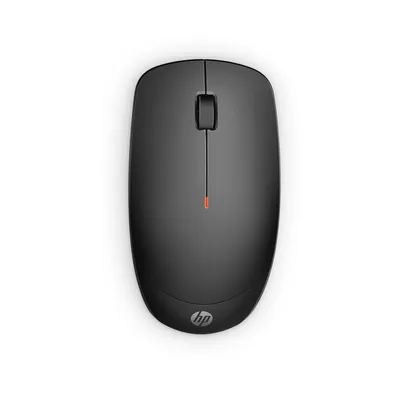 A top-down view of a black HP wireless mouse on a white background.
