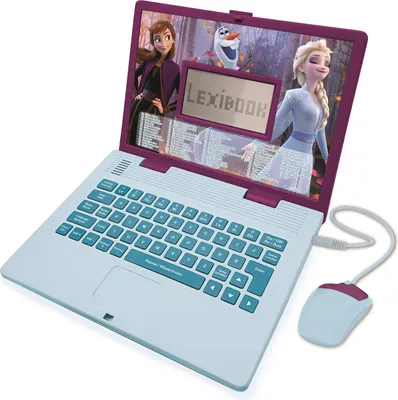 A children's toy laptop with characters from Frozen on the screen.