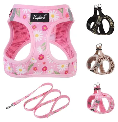 Produktbild von Hundegeschirr und Leinen-Set für kleine bis mittlere Hunde, weichmaschen Welpen Geschirr, reflektierend, Blumen, Größe S