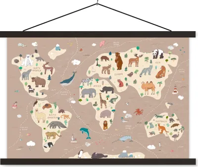 Produktbild von MuchoWow® Textilposter Weltkarte Kinder - Tiere - Braun - Jungen - Mädchen 120x80 cm mit schwarzem Rahmen - Wanddeko