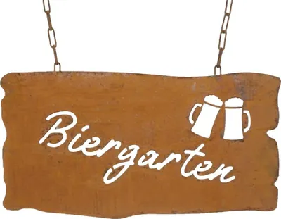 A rustic sign for a Biergarten, made of rusted metal, with two beer mugs depicted.