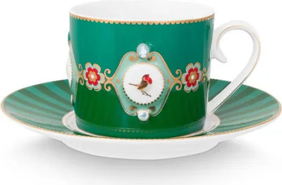 Produktbild von PiP Studio Love Birds Medallion Tasse mit Untertasse, grün, 200ml, hochwertiges Porzellan für Kaffee und Tee