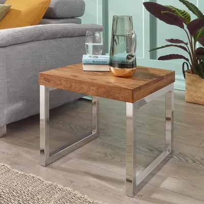 Produktbild von FineBuy Couchtisch quadratisch 45cm Sheesham Massivholz mit Chrom Gestell, Design Wohnzimmertisch, Sofatisch mit Metallrahmen, Beistelltisch Echtholz