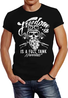 Produktbild von Herren T-Shirt Biker Motorrad Motiv Freedom is a full Tank Skull Totenkopf Slim Fit Neverless® schwarz L
