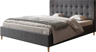Produktbild von Polsterbett LUX RIO mit Kopfteil, 180 x 200 cm, Doppelbett mit Lattenrost aus Holz, Strukturstoff Dunkelgrau, Füße in Farbe: Braun