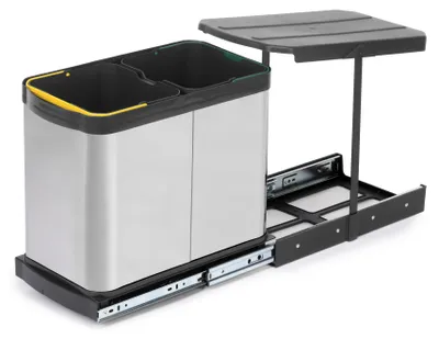 Zdjęcie produktu dla Emuca Pojemnik do recyklingu Inox 2x12 litrów, mocowanie dolne, wysuw manualny/automatyczny, Plastik i stal nierdzewna