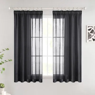 Zdjęcie produktu dla Unyqoos® Przejrzyste zasłony – zestaw 2 sztuk, krótkie zasłony z taśmą marszczącą, kolor czarny, 140 x 145 cm, poliester
