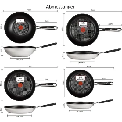 Diagrams showing the dimensions and capacities of different Tefal frying pans.