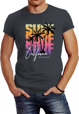 Produktbild von Herren T-Shirt Sommer Surf California Palmen Slim Fit Neverless® dunkelgrau-gelb L
