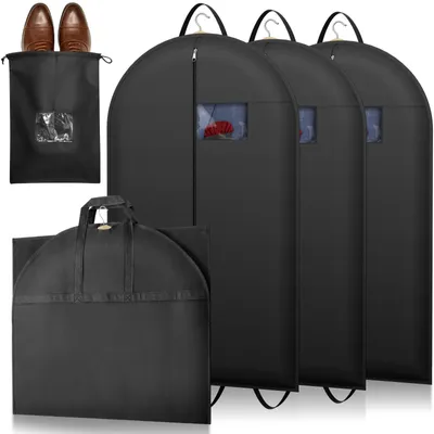 Image de Housse à vêtements, protection pour vêtements, épaisseur du tissu : 120 g/m², avec compartiment à chaussures pour costumes, blazers et robes, housse à vêtements haut de gamme pour les voyages et le rangement, 100 x 60 cm, 3 pièces