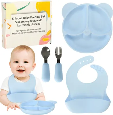 Produktbild von Baby Geschirr aus Silikon Blau praktisch leicht hygienisch perfekt für Füttern Zuhause unterwegs Kindergarten