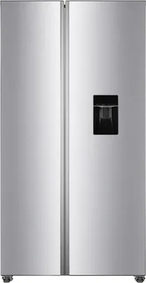 A front view of a silver side-by-side refrigerator with a water dispenser on the right door.