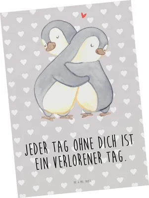 Produktbild von Mr. & Mrs. Panda Postkarte Pinguine Kuscheln - Grau Pastell - Geschenk, Jahrestag, Freundin, Fotokarte, für, Ansichtskarte, Postkarten, Ansichtskarten, Frauen, Partner