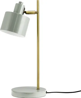 A modern desk lamp with a gray shade and a gold stand on a white background.