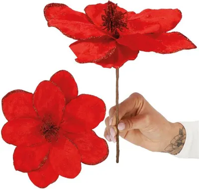 Zdjęcie produktu dla Magnolia na łodyżce 24x31 cm czerwona, dekoracja świąteczna