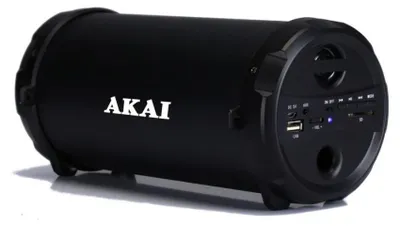 A black Akai portable speaker is shown against a white background.