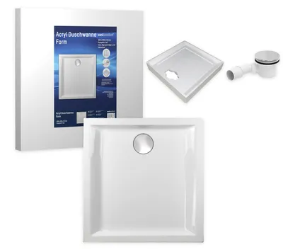 Produktbild von sanicomfort Duschwannen-Set Form 90 x 90 x 5 cm - Flache Acryl-Duschtasse inkl. Styropor-Wannenträger & Ablaufgarnitur, Weiß, Komplett-Set für bodengleichen Einbau