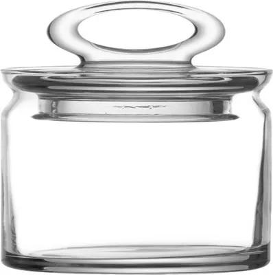 A clear studio shot of a glass jar with a lid.