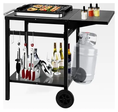 Produktbild von Grillwagen mit klappbarer Tischplatte, Beweglicher Campingtisch mit 2 Ablagen und 4 Haken, Metall Grilltisch für den Außenbereich, Rollwagen für Grill und Outdoorküche, Zubereitungswagen Schwarz