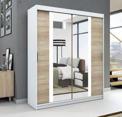 Productafbeelding van Schuifdeurenkast, 2 deuren. Moderne garderobe voor kleding. Verschillende kleuren (wit, zwart, sonoma). Kleerkast BRUNI, 160 cm