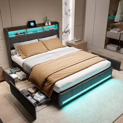 Zdjęcie produktu dla Łóżko tapicerowane, podwójne, 140x200 cm, łóżko podwójne z oświetleniem LED, z 4 szufladami i stelażem, łóżko z pojemnym zagłówkiem i funkcją ładowania USB, rama łóżka, łóżko z pojemnikiem, młodzieżowe