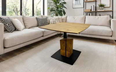 Produktbild von Couchtisch Rezza mit Lift | Eiche massiv | 70 cm | natur / schwarz