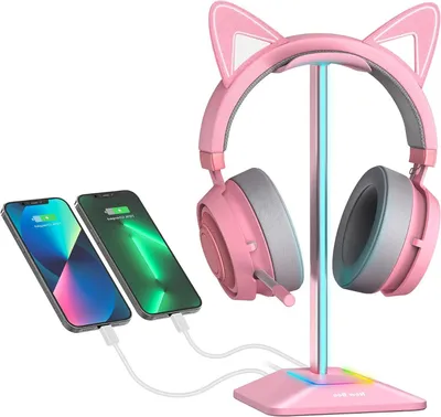 Immagine prodotto di Supporto per cuffie - Porta cuffie - Organizzazione scrivania - Con illuminazione RGB - Altezza 24 cm - Rosa