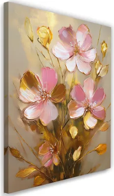 Produktbild von Leinwandbild Rosa Blumen Goldener Glamour 70x100 Feeby Rosa bild für die wand bereit zum aufhängen