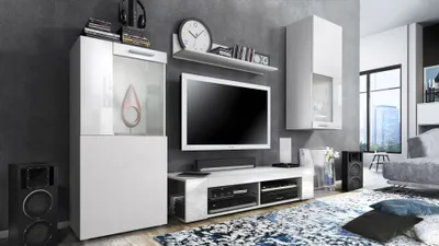 Produktbild von Vladon Wohnwand Movie, Anbauwand bestehend aus 1 TV-Board, 2 Vitrinen und 1 Regal, Weiß matt/Weiß matt/Weiß Hochglanz (Gesamt: 300 x 190 x 39 cm)