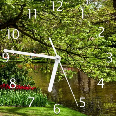 Produktbild von Wallario Design Wanduhr Bunte Blumen im Park am Wasser - Frühblüher am Ufer aus Echtglas, Größe 20 x 20 cm