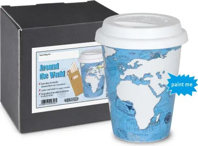 Produktbild von Könitz Around The World Self Made Mug mit Stifte, Becher, Kaffeebecher, Kaffeetasse, Kaffee To Go, Porzellan, Weiß / Hellblau, 380 ml, 11 5 162 2295