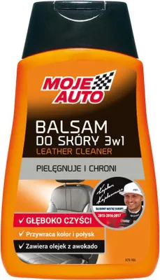 A bottle of Moje Auto leather cleaner with a picture of car seats and a man.
