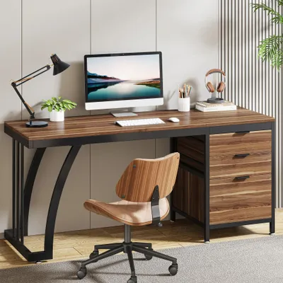 Obrázek produktu pro Počítačový stůl – stůl na PC se 3 zásuvkami – pracovní stůl 150 cm – otočná zásuvková skříňka – s úložným prostorem a skříňkou – obdélníkový, ořech