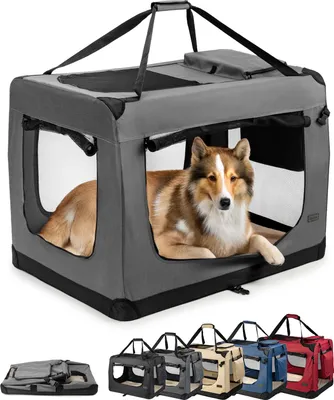Produktbild von lionto Hundetransportbox faltbar, stabile Stoffbox mit Mesh-Einsätzen, ideal für Auto, Reise & Tierarzt, 90x61x65 cm, grau