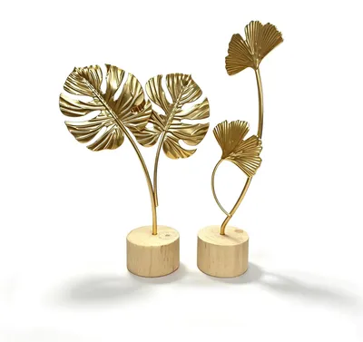 2er-Set goldene Blatt-Metallskulptur, Büro-Deko