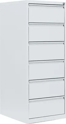A white filing cabinet with six drawers is shown from a side angle against a white background.