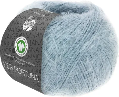 A ball of light blue yarn with a label wrapped around it, shown against a white background.