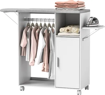 Image de HOMCOM Meuble à repasser sur roulettes, table à repasser pliante, placard à porte, étagère réglable, barre de suspension, compartiment ouvert et support latéral, 127 x 42,5 x 99 cm, blanc