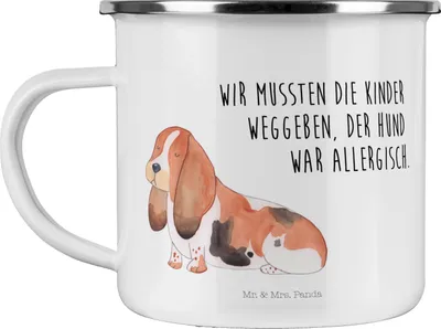 Produktbild von Mr. & Mrs. Panda Pott Hund Basset Hound - Weiß - Geschenk, Emaille Tasse, Lustig, becher, Sprüche, Teetasse