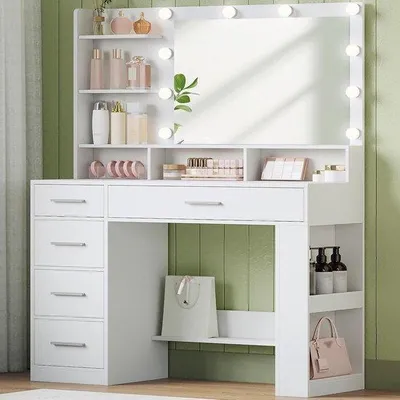 Imagen del producto de Mesa de tocador con espejo - Mesa de maquillaje - Organización para el dormitorio - Iluminación LED ajustable - 108 x 138 cm - Blanco
