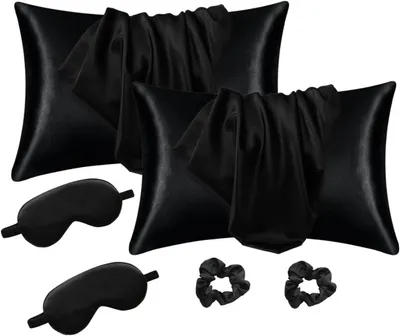 Produktbild von Nackenkissen Satin-Kissenbezug, ähnlich wie Seidenhaar- und Hautpflege-Kissenbezüge mit Haargummis und Augenklappe, weich und atmungsaktiv, schwarz, 7