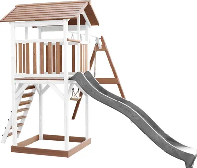 Obrázok produktu pre AXI Beach Tower drevená hracia veža v hnedej a bielej farbe | Domček na hranie pre deti so sivou šmykľavkou, dvojitou hojdačkou a pieskoviskom | Domček na koly na pláž